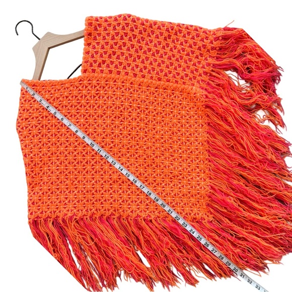 Handmade Crochet Fringe Poncho Orange Pink Boho Retro Fall Layering - Picture 8 of 8